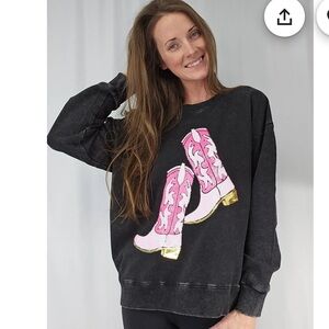 Cowgirl sequin Graphic Long‎ Sleeve acid wash crewneck